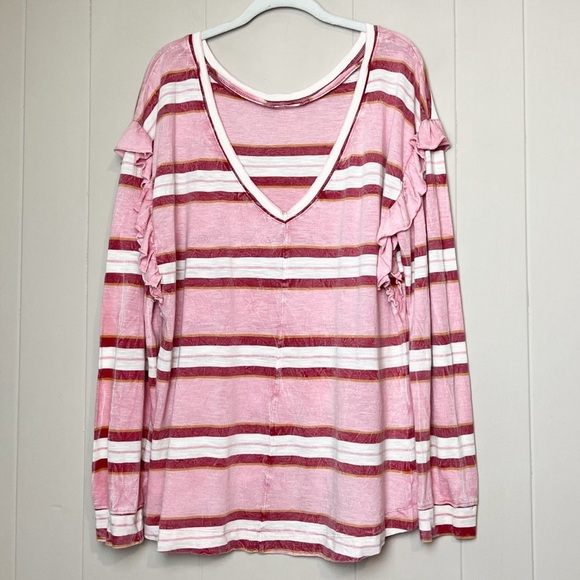 Anthropologie Pilcro Ruffled Open Back Top M pink stripe long sleeve t-shirt - Picture 7 of 13
